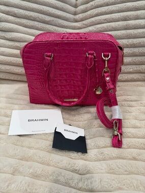 Brahmin Hot Pink Croc-Embossed Leather Satchel with Detachable Strap